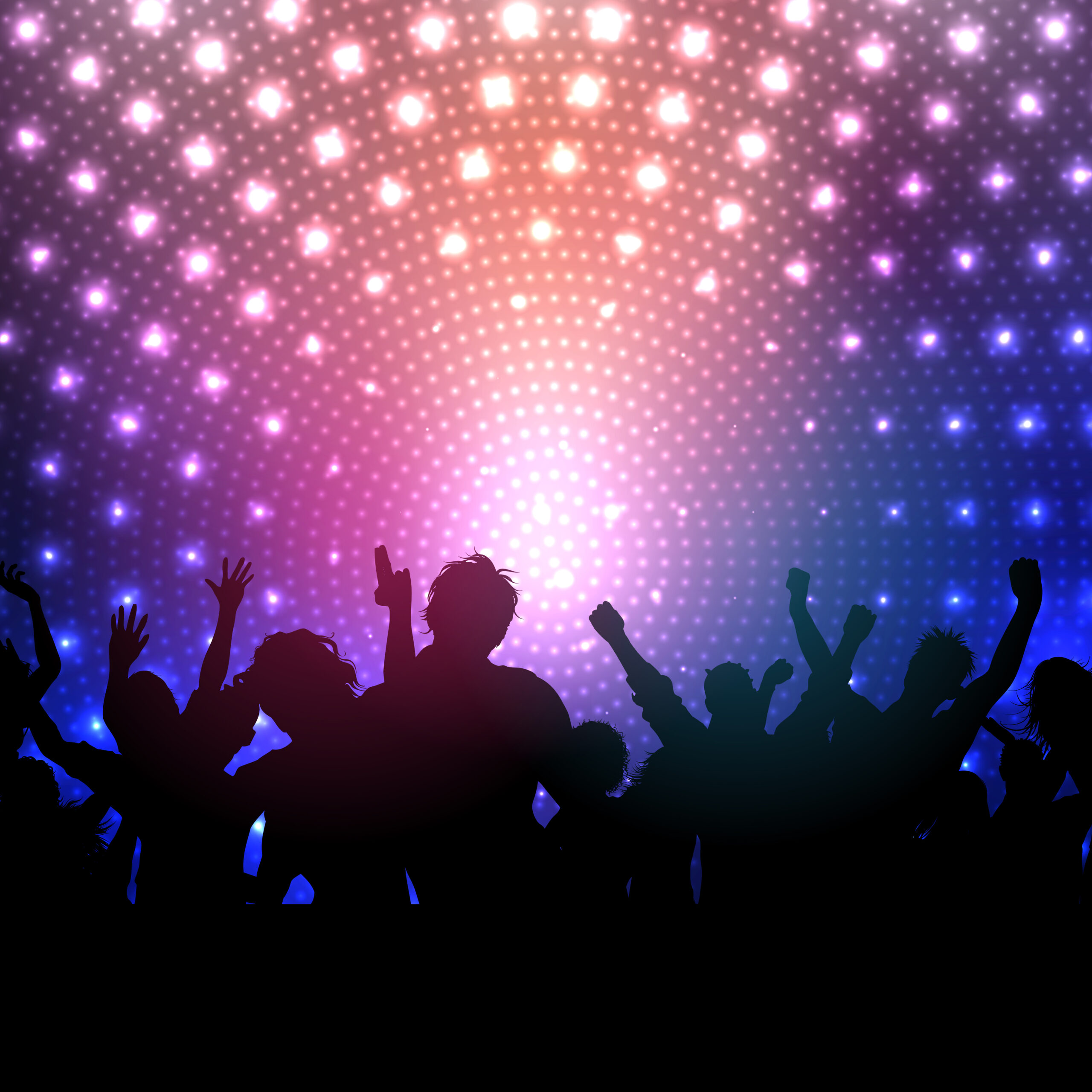 Silhouette of a party crowd on a disco lights background