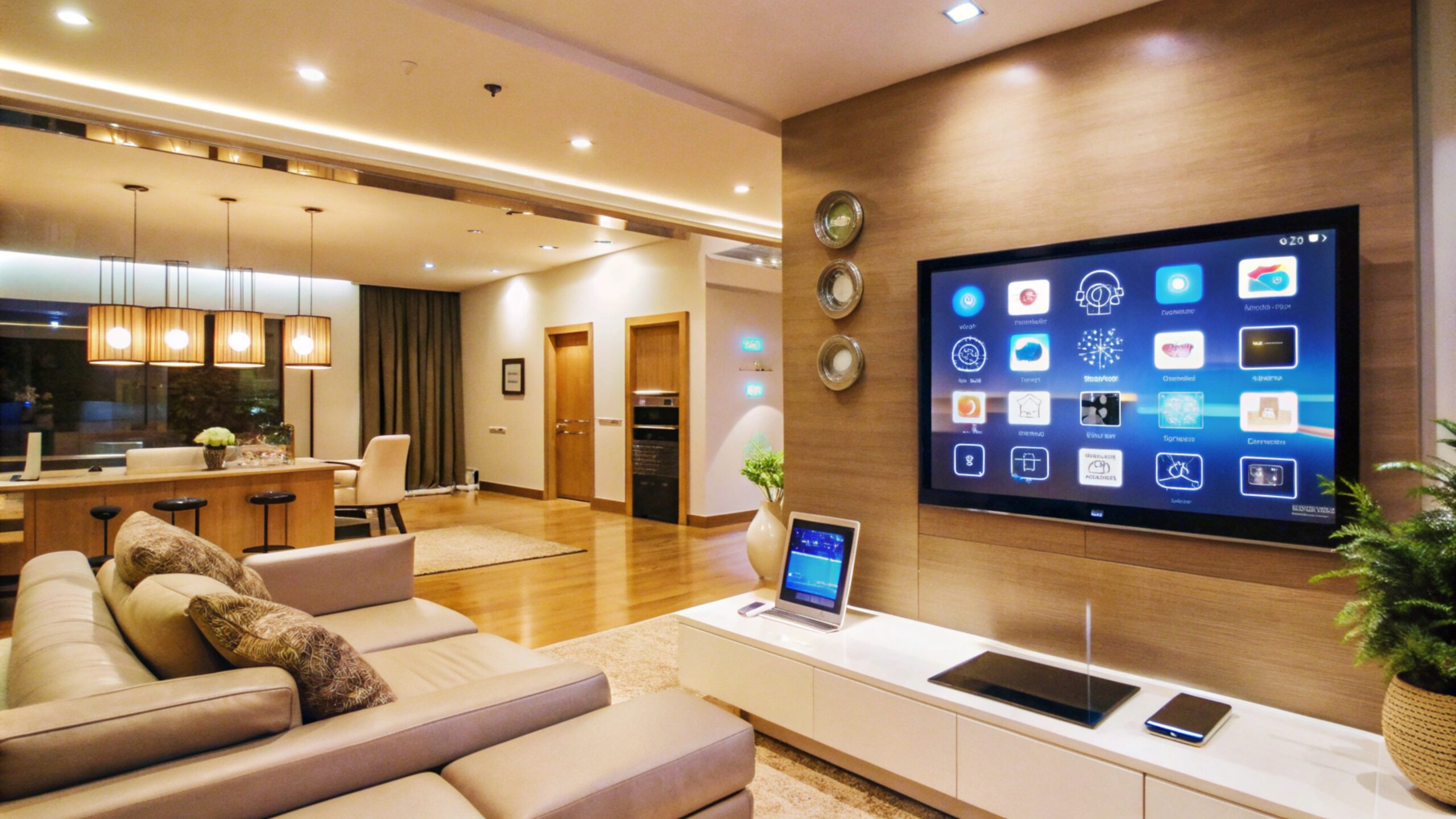 Modern living room interior with a large TV screen displaying a home automation system.